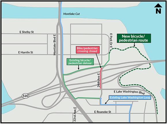 A map of Montlake. There are many bike routes labeled, including a new bicycle pedestrian route under 520 east of 24th.