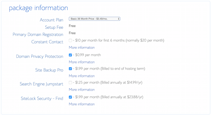 Bluehost.com Sign Up Options Package