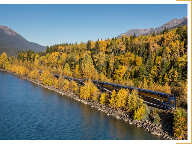 Rocky Mountaineer on Journey through the Clouds route passing Moose Lake