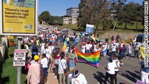 Marchers in Swaziland&apos;s first-ever pride parade in Mbabane. 