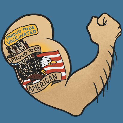 Moving picture of an arm with a bald eagle and American flag. Words on top read "proud to be vaccinated " and  "proud to be America"