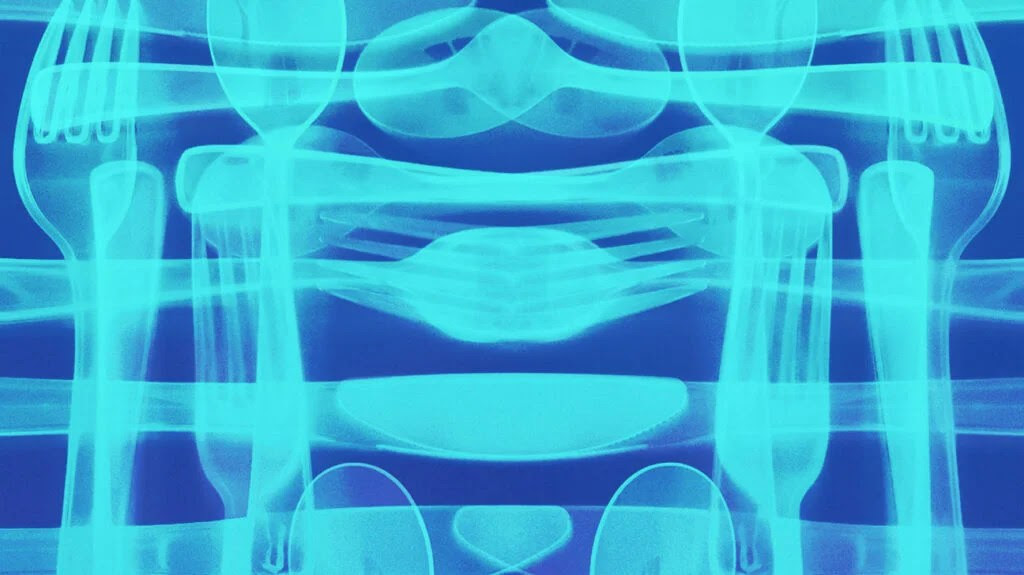 A blue and turquoise X-ray of cutlery