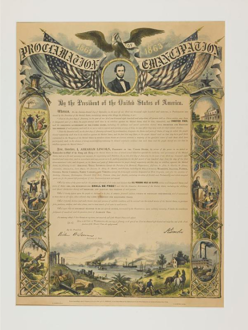 Publishers throughout the North responded to a demand for copies of Lincoln’s proclamation and produced numerous decorative versions, including this engraving by R. A. Dimmick in 1864. 