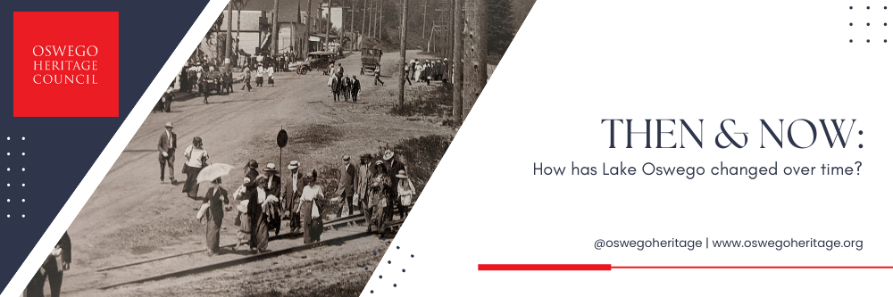 Then & Now: How has Lake Oswego changed over time? Photo of State Street in Oswego in c. 1905 with a collection of people walking towards a picnic at the lake.