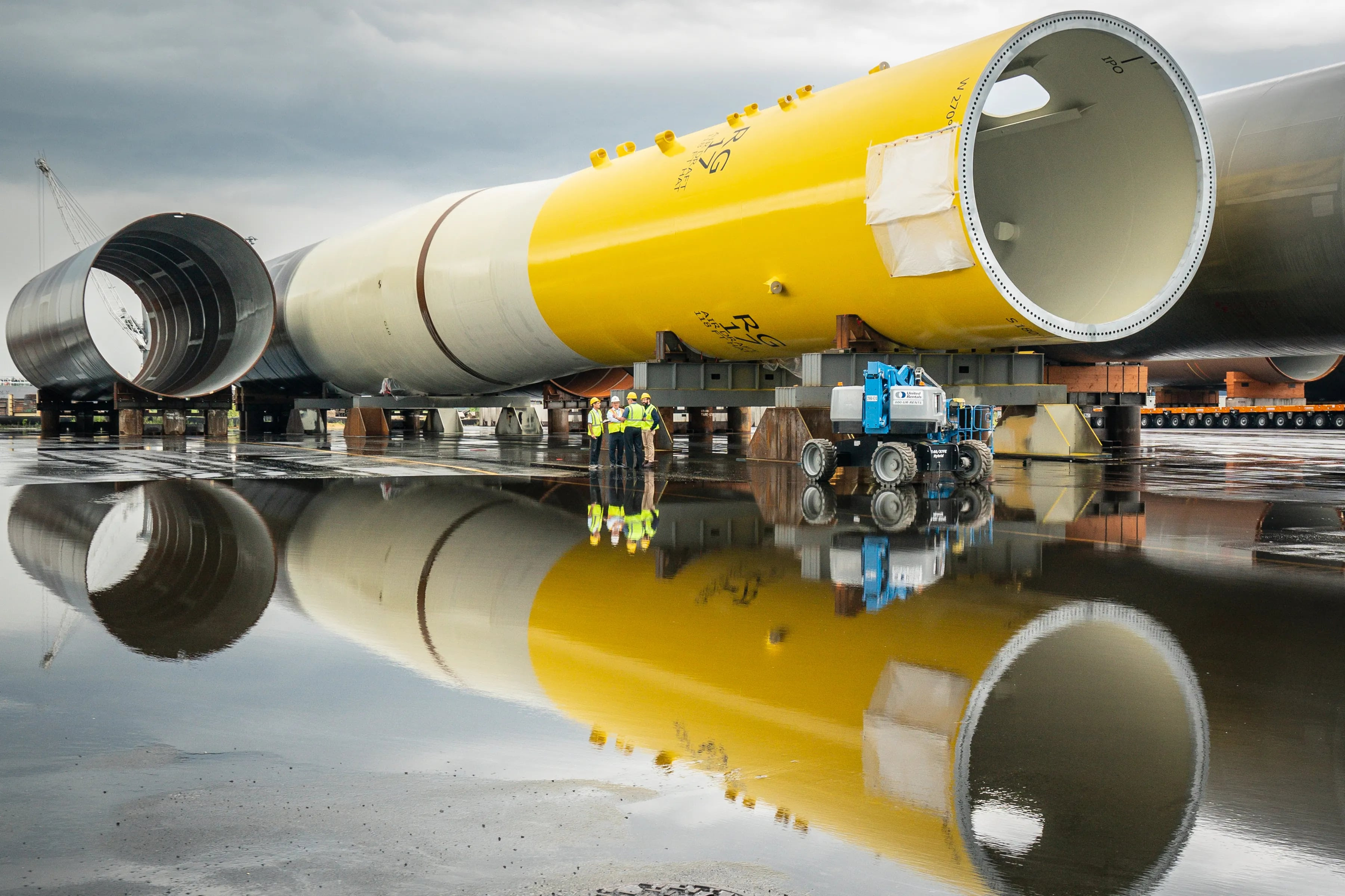 A completed monopile foundation at EEW AOS where the massive monopile foundations for the offshore wind turbines are manufactured, in Paulsboro, NJ, Friday, June 16, 2023.