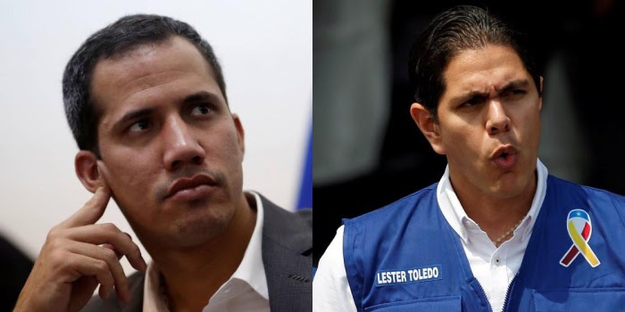 Venezuela's opposition lawmaker Lester Toledo gestures while giving his speech at a warehouse where humanitarian aid for Venezuela is being stored