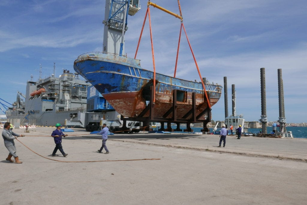 The shipwreck being moved from a port near Augusta, Sicily, to Venice for the biennale. The project is being presented by artist Christoph Büchel. © Barca Nostra.