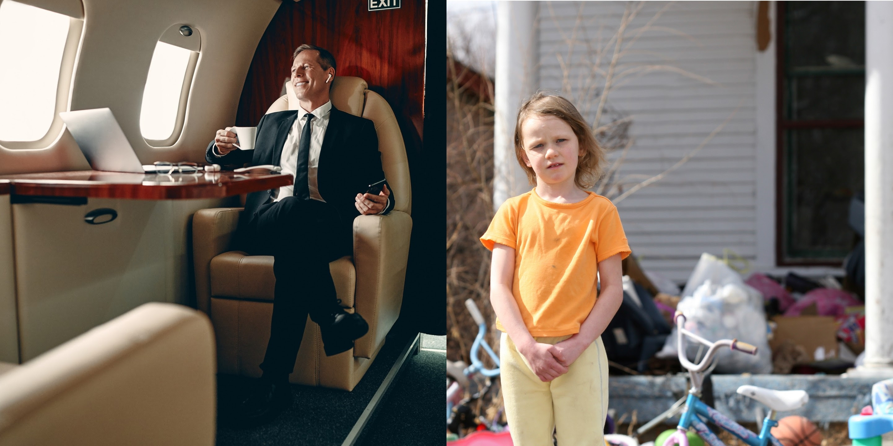 A photo of a rich man on a plane next to a photo of a little girl in dirty clothes and a messy yard