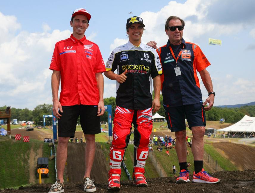 Cole Seely (left) and Zach Osborne (center) join U.S. Team Manager Roger DeCoster (right) for the announcement of the 2017 Motocross of Nations lineup.