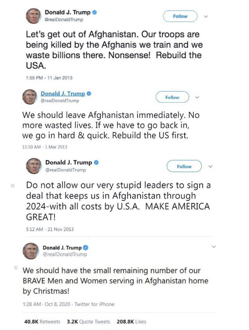 Throwback tweets of Donald Trump supporting Afghanistan withdrawal resurfaces as Joe Biden receives heavy criticism home & abroad over Taliban takeover