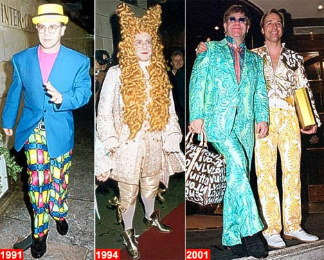 LEFT: Clowning around in baggy trousers. CENTRE: Letting his hair down as he turns 47. RIGHT: I'm still standing. At the Ritz with partner David Furnish