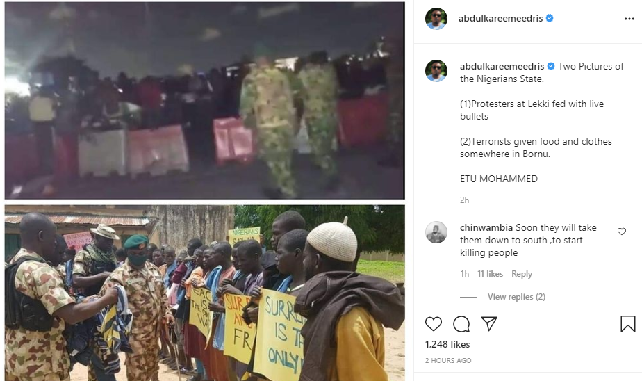 Protesters at Lekki were fed with live bullets while terrorists were given food and clothes in Borno - Eedris Abdulkareem reacts to report of Boko Haram insurgents surrendering 