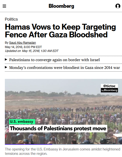 Bloomberg: Hamas Vows to Keep Targeting Fence After Gaza Bloodshed