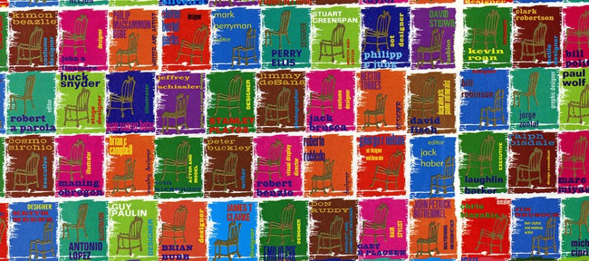 Multi-color magazine spread showing 200 stamp-like pictures of chairs with names of AIDS victims in the fashion industry