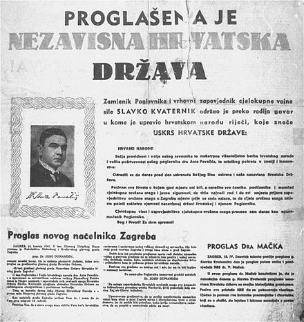 Proclamation de l'État indépendant de Croatie, affiche datée du 10 avril 1941 représentant Ante Pavelić.