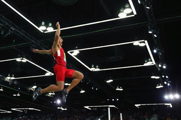 Ashton Eaton in the heptathlon long jump at the IAAF World Indoor Championships Portland 2016 (Getty Images)