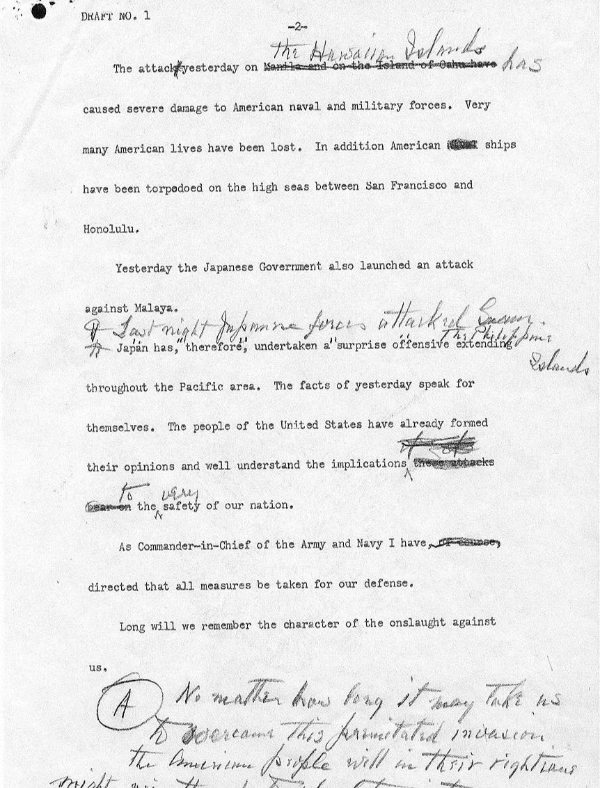 Annotated draft of FDR's "Day of Infamy" address, page 2