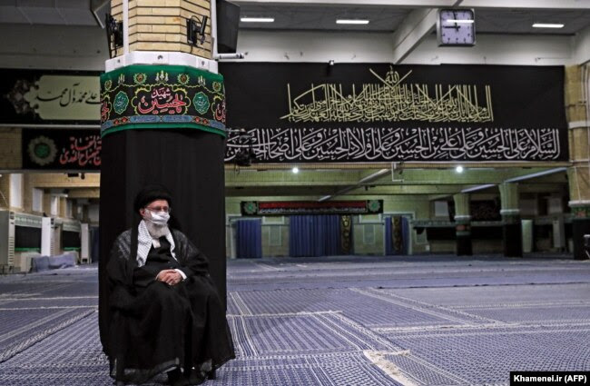 IRAN -- Iranian Supreme Leader Ayatollah Ali Khamenei, listens to a Koran recital at the empty mosque in his residence compound during the holy month of Muharram, in the capital Tehran, August 27, 2020.