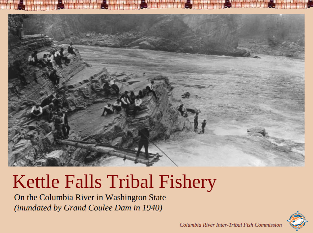 Photo of Native Americans fishing at Kettle Falls, WA before 1940.