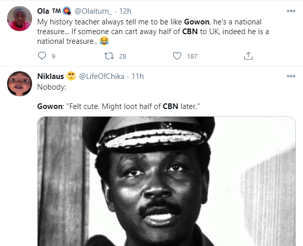 Nigerians reacts to Member of British parliament claiming that former Head of State, Yakubu Gowon left with half of Central Bank