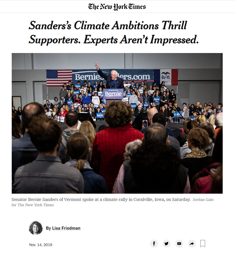 NYT: Sanders’s Climate Ambitions Thrill Supporters. Experts Aren’t Impressed. 