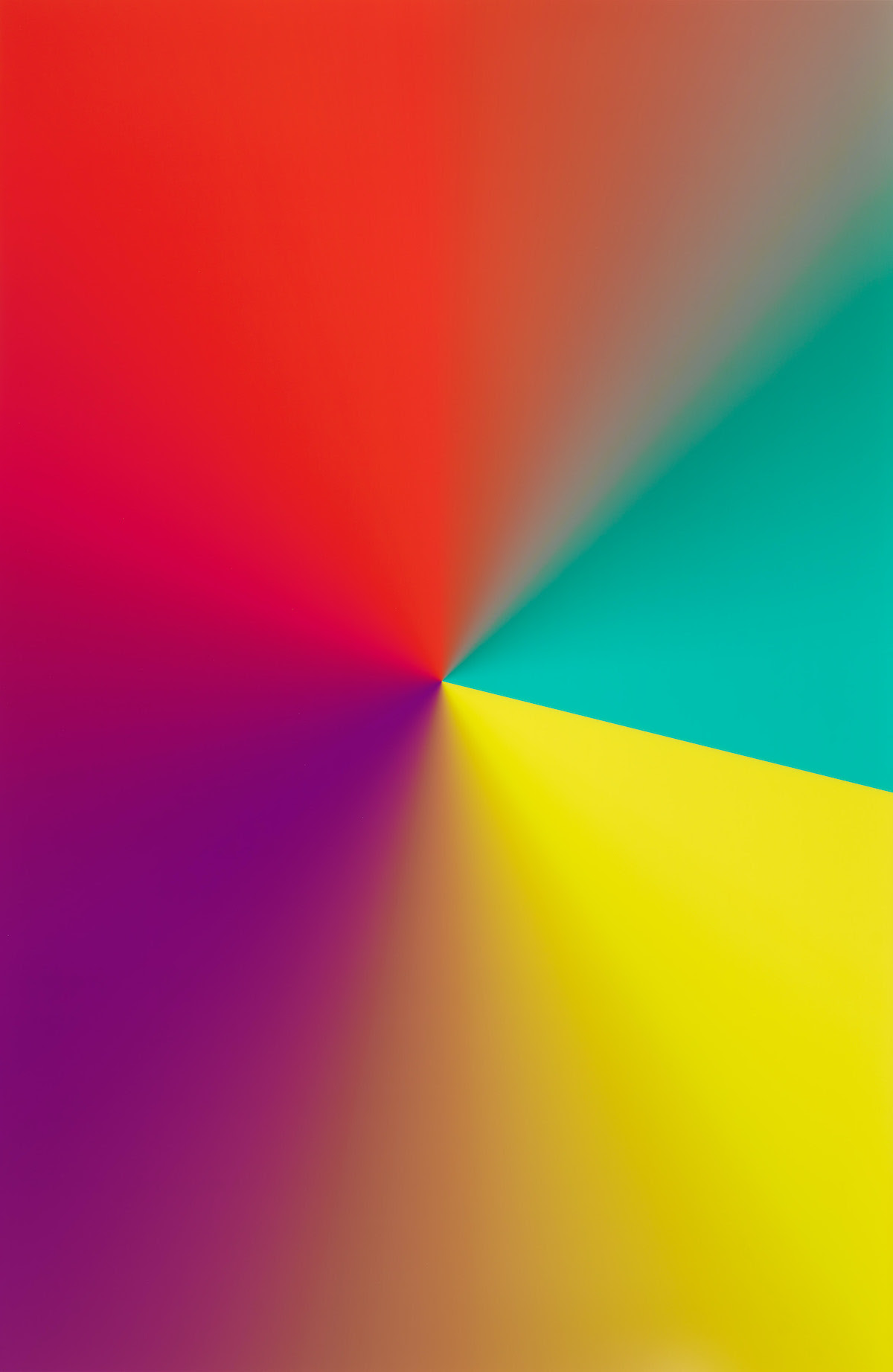 Cory Arcangel (b. 1978), Photoshop CS: 110 by 72 inches, 300 DPI, RGB, square pixels, default gradient "Yellow, Violet, Red, Teal", mousedown y=16450 x=10750, mouse up y=18850 x=20600, 2009. 