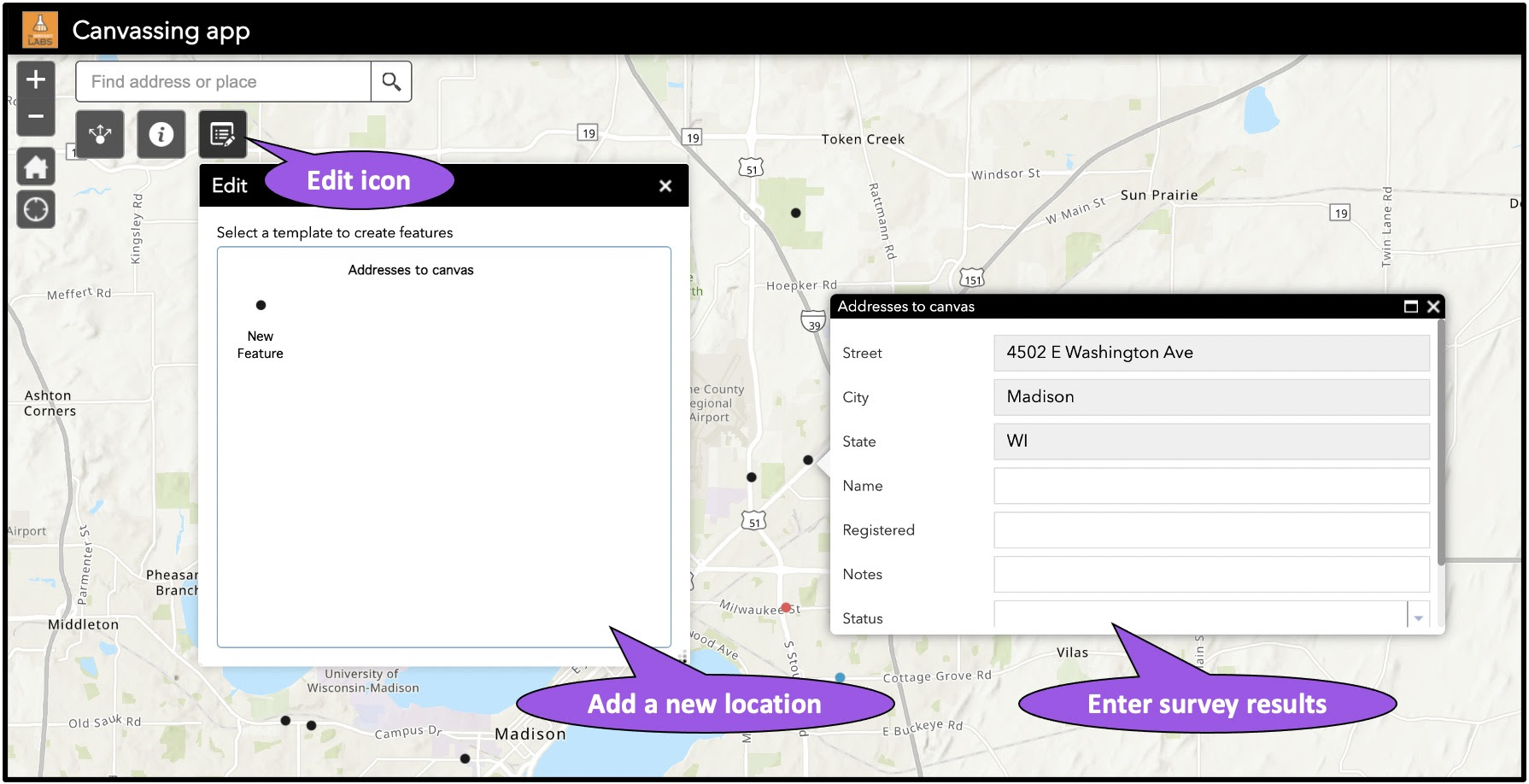 Canvassing solution includes a dashboard for campaign managers and a canvassing app for volunteers going door to door.