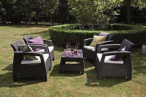 Keter Corfu patio furniture is perfect for outdoor conversational seating areas