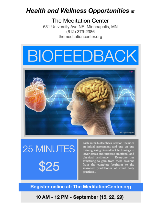 Each mini biofeedback session includes an initial  assessment and one-on-one training using biofeedback technology to lower  stress and increase emotional and physical resilience. Everyone has  something to gain from these sessions, from the complete beginner to the  seasoned practitioner of mind/body practices.         