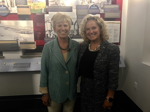 State Superintendent Jillian Balow stands with Former Chief Justice Marilyn Kite in the Judicial Learning Center while filming a PBS special.
