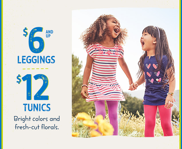 $6 and up leggings | $12 tunics | Bright colors and fresh-cut florals.