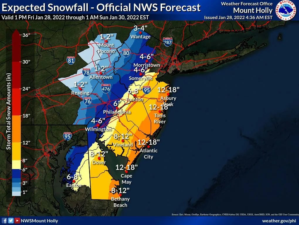 The National Weather Service map of expected snow totals.