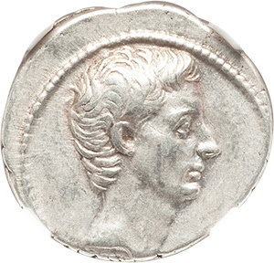 Octavian, as Sole Imperator (30-27 BC). AR denarius (19mm, 3.88 gm, 12h). NGC Choice XF 5/5 - 4/5, Fine Style