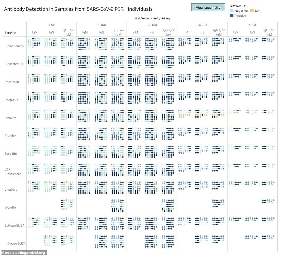 A breakdown shows how prevalent the two types of antibodies - IgM and IgG - were in each of the tests and how it changed over time