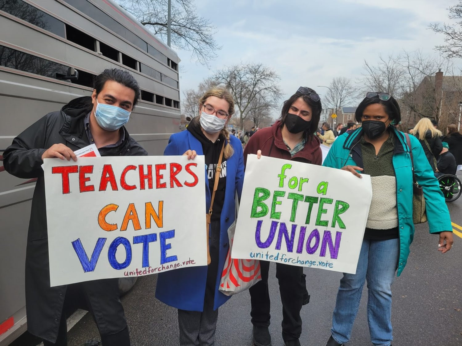Queens teacher Camille Eterno, far right, part of the United For Change slate, is challenging the longtime president of the United Federation of Teachers, Michael Mulgrew, in balloting that begins the second week of April.