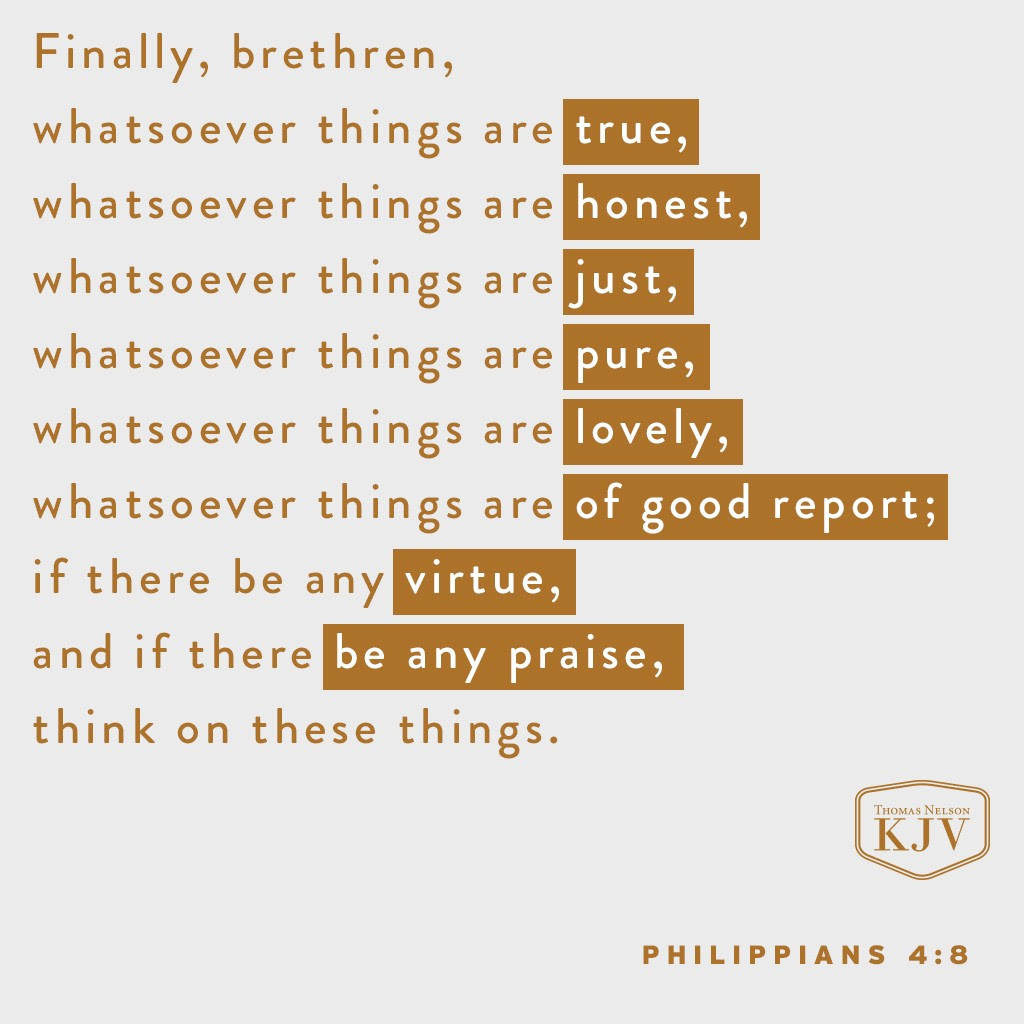 8 Finally, brethren, whatsoever things are true, whatsoever things are honest, whatsoever things are just, whatsoever things are pure, whatsoever things are lovely, whatsoever things are of good report; if there be any virtue, and if there be any praise, think on these things. Philippians 4:8