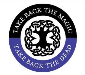 Text take back the magic, take back the dead, in a circle around a tree-like symbol.