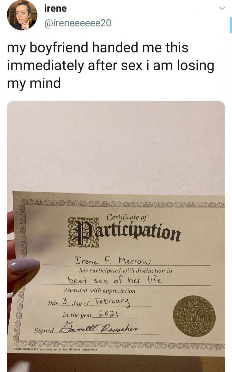 Woman receives certificate from her boyfriend immediately after sexual intercourse