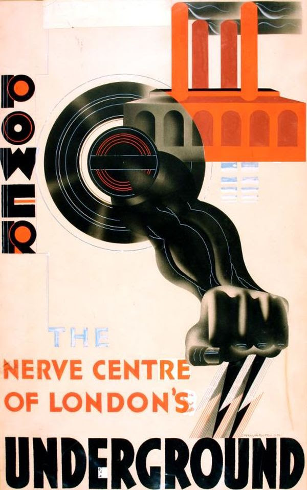 Poster artwork reading Power, the Nerve Centre of London's Underground with design of a power station and an arm pushing a power lever