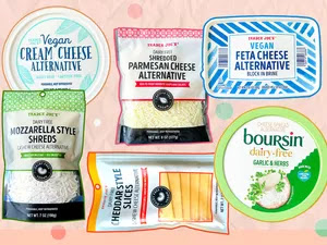 Trader Joe's Vegan Cheeses on Pink Background Composite Image