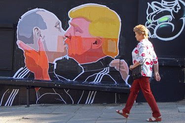 A mural in the Lithuanian capital, Vilnius, archly depicts the relationship of Mr. Trump and President Vladimir V. Putin of Russia.