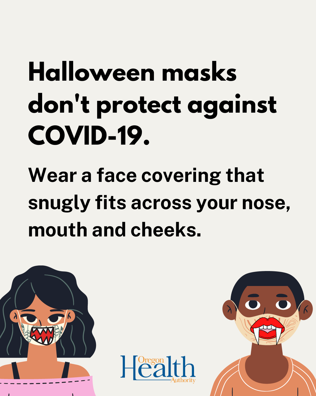 Infographic says, “Halloween masks don’t protect against COVID-19.”