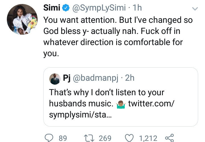 "F*** off" Simi comes to her husband