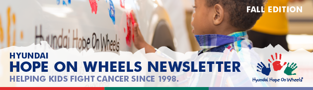 Hyundai Hope on Wheels Newsletter header including picture of boy putting a hand stamp on a Hyundai car.