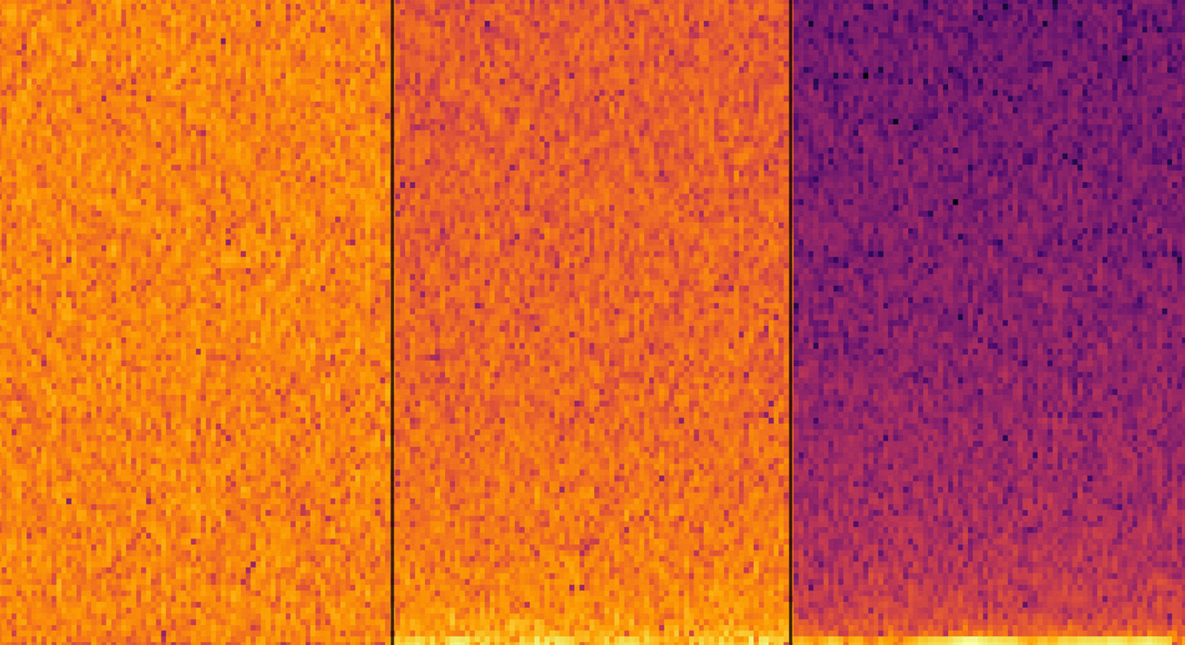 Examples of images of white noise, pink noise and brown noise.