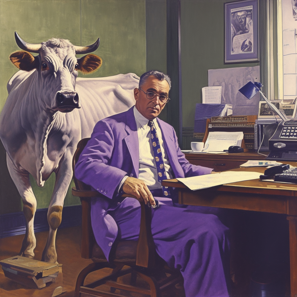 Image created using Ai of Cow in an office with man in the style of Norman Rockwell