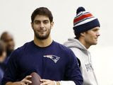 New England Patriots backup quarterback Jimmy Garoppolo, left, holds a football as starting quarterback Tom Brady, right, stands by during a walkthrough at the NFL football team&#39;s facility in Foxborough, Mass., Friday, Jan. 23, 2015. The Patriots face the Seattle Seahawks in Super Bowl XLIX on Sunday, Feb. 1, 2015, in Glendale, Ariz. (AP Photo/Elise Amendola) **FILE**