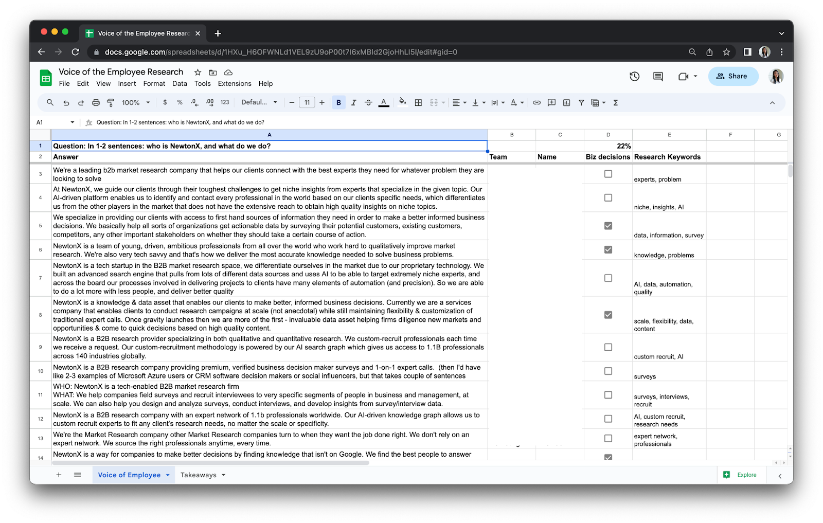 A spreadsheet displays examples of employee survey responses about their company's value proposition.