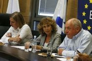 Then-Italian Vice President of Committee on Foreign Affairs Fiamma Nirenstein (2L) meets with members of the Israeli parliament and other European delegates to discuss the relations between the European Union and the Israeli parliament. (July 28, 2009.