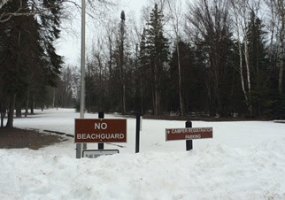 snow-covered campground entrance at Brimley State Park